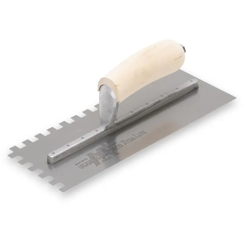 Marshalltown - Right-Handed Square-Notch Trowel Standard 4-1/2" x 11" Tempered Steel 3/8" x 3/8" x 3/8" with Curved Wood Handle