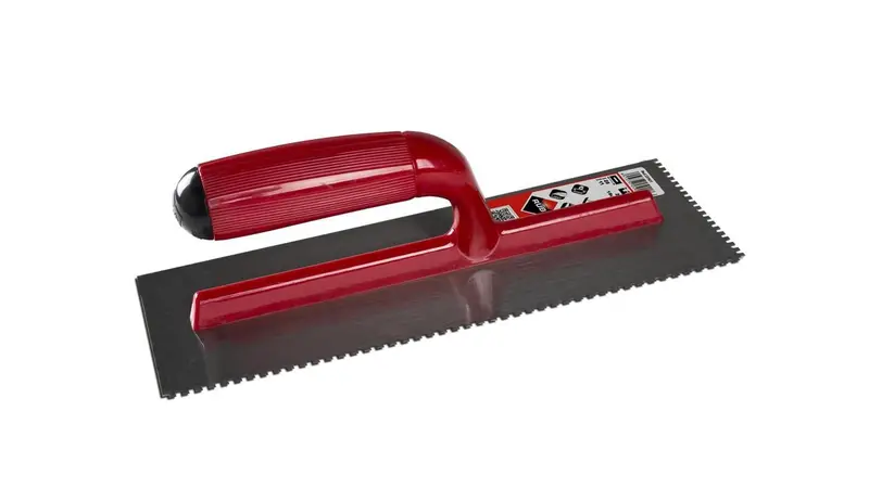 Rubi Square Notched Trowel 4" x 11" Steel with Open Bicolor Plastic Handle 1/8" x 1/8"