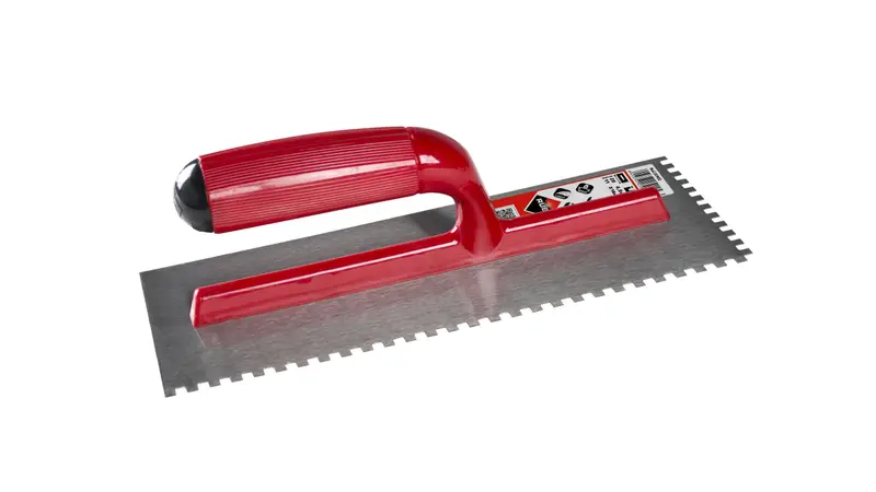 Rubi Square Notched Trowel 4" x 11" Steel with Open Bicolor Plastic Handle 3/16" x 3/16"