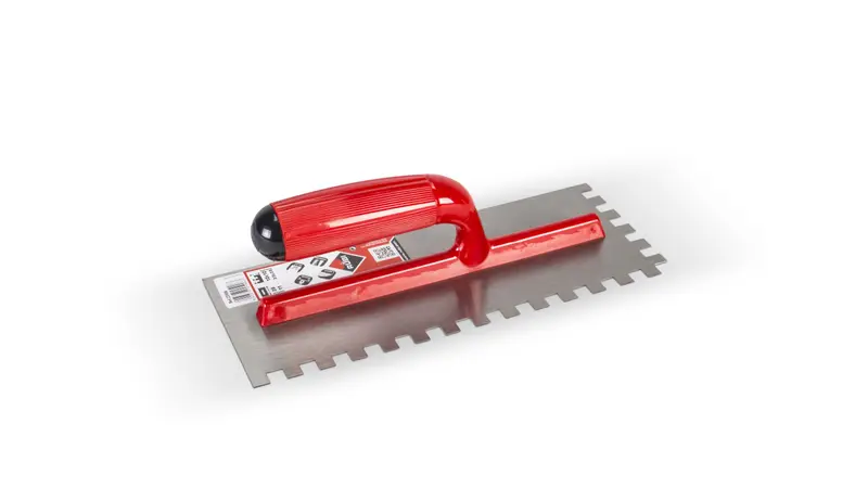 Rubi Square Notched Trowel 4-3/4" x 11" Steel with Open Bicolor Plastic Handle 3/8" x 3/8"