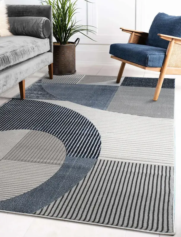 Blue Grey Geometric Living Room Bedroom Area Rug – 2'7" X 4'11"