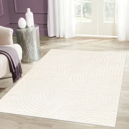 Beige Cream Textured Geometric Living Room Bedroom Area Rug – 1'10" X 2'11"