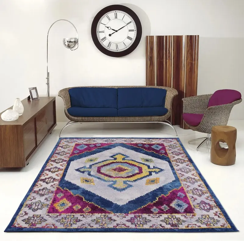 Huma Ikat Traditional Style European Purple Blue Floor Mat Carpet – 1'10" x 2'11"