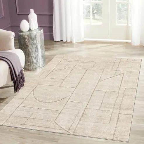 Cream Beige Textured Geometric Minimalist Living Room Bedroom Area Rug – 3'11" X 5'3"