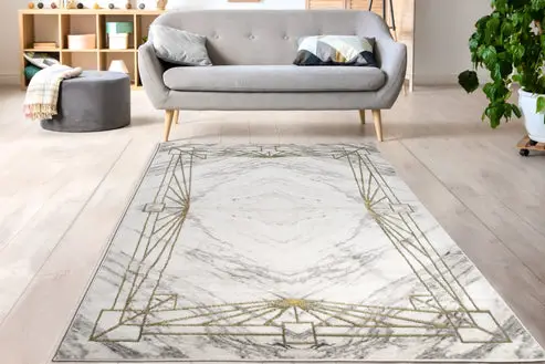 Grey Gold Abstract Bordered Luxury Modern Contemporary Area Rug – 5'3" X 7'3"