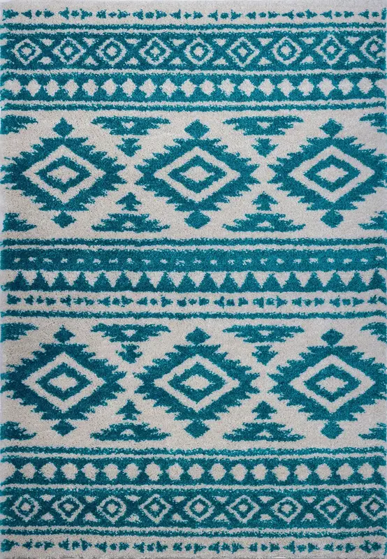 Damask Trellis Turquoise Ivory Shaggy Area Rug – 3'11" x 5'7"