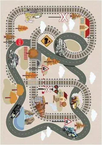 Beige Train Tracks Flatweave Kids Play Area Rug – 5'2" x 7'5"