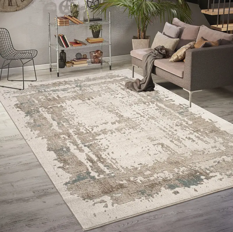 Beige Turquoise Abstract Living Room Area Rug – 2'7" X 4'11"