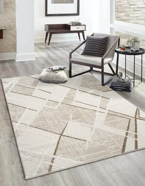 Beige Brown Abstract Living Room Bedroom Area Rug – 5'3" X 7'3"
