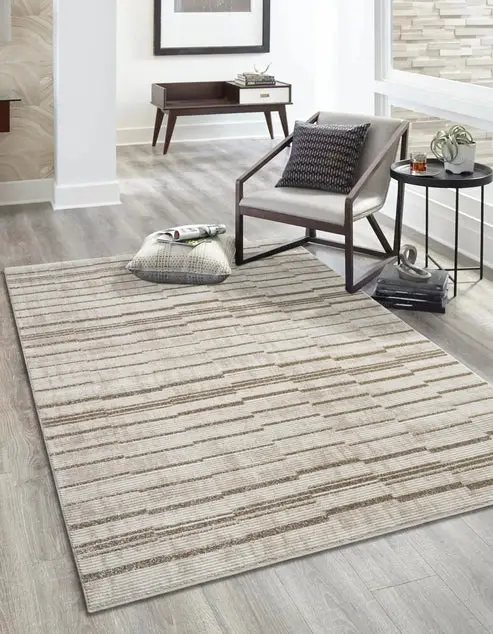Beige Brown Abstract Striped Living Room Bedroom Area Rug – 3'11" X 5'3"