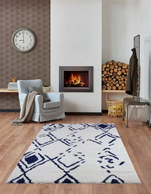 Ladole Rugs Shaggy Kenitra European Abstract Soft Polypropylene Modern Small Mat Doormat Rug in White Dark Blue – 1'10" x 2'11"
