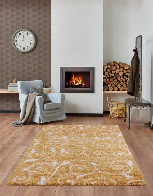 Ladole Rugs Shaggy Rabat Abstract Pattern Sustainable Spirals Style Indoor Small Mat Doormat Rug in Dark Yellow White – 1'10" x 2'11"