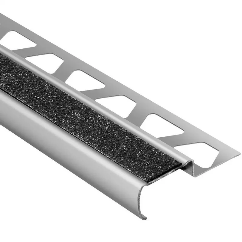 Schluter - TREP-G-S Stair-Nosing Profile with Black Non-Slip Tread - Brushed Stainless Steel (V2) 1-3/16" x 4' 11" x 9/16" (15 mm)