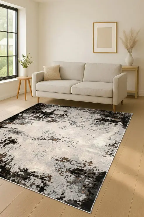 Anthracite Grey Beige Ivory Abstract Modern Living Room Bedroom Area Rug – 3'11" X 5'3"