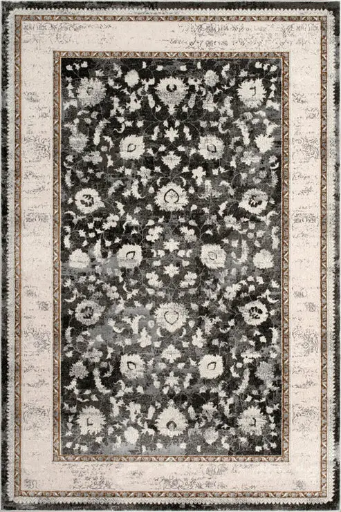 Dark Grey Ivory Traditional Bordered Living Room Bedroom Area Rug – 1'10" X 2'11"