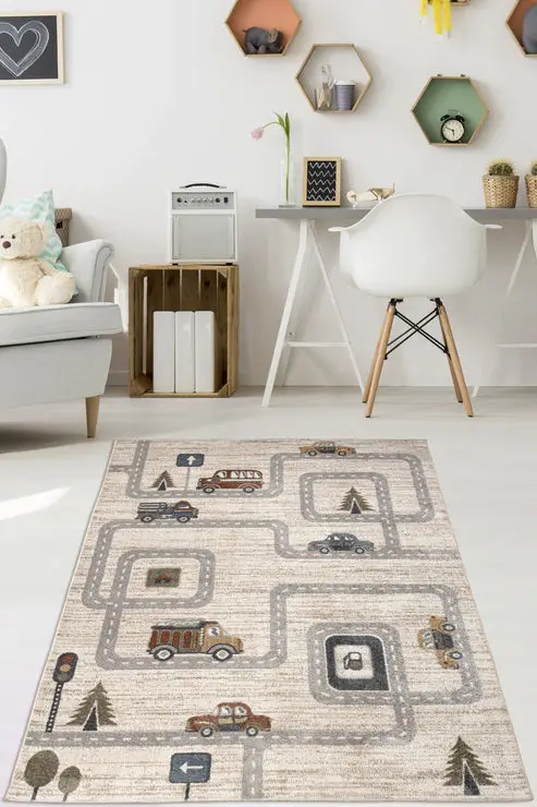 Grey Beige Machine Washable Cars and Roads Kids Nursery Play Room Area Rug – 1'10" x 2'11"