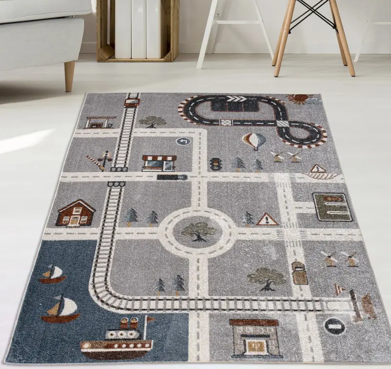 Blue Grey Machine Washable Cars and Roads Kids Nursery Play Room Area Rug – 1'10" x 2'11"
