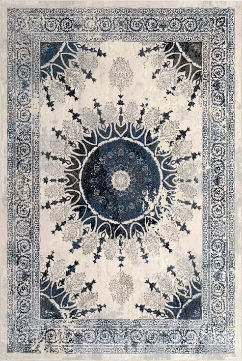 Blue Grey Ivory Traditional Bordered Living Room Bedroom Area Rug – 9' X 12'5"
