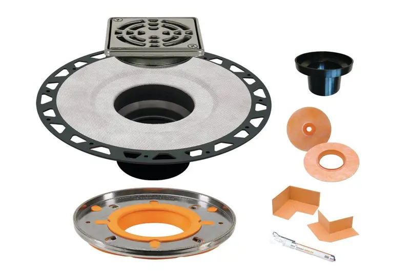 Schluter - KERDI-LINE-A Shower Drain Adaptor Kit ABS Plastic 5-1/2" with Square Satin Stainless Steel Grate 4"
