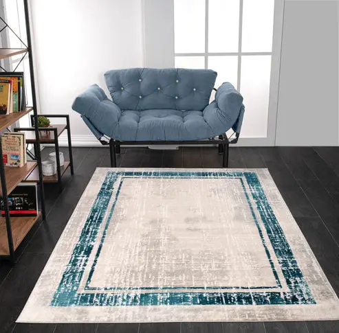 Blue Grey Bordered Modern Contemporary Minimalistic Area Rug For Living Room Bedroom – 3'11" X 5'3"