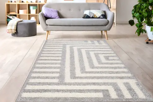 Grey Off White Straped Fluffy Shaggy Minimalistic Area Rug For Living Room, Bedroom – 1'10" x 2'11"