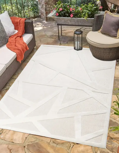 Cream Beige Geometric Modern Minimalist Contemporary Outdoor Indoor Area Rug Carpet For Patio, Porch, Dining Area, Balcony, Living Room, Bedroom – 2'7" x 4'11"