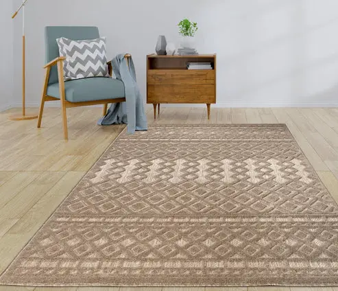 Geometric Modern Contemporary Outdoor Indoor Area Rug Carpet For Patio, Porch, Dining Area, Balcony, Living Room, Bedroom – Salmon Red, Blue, Cream Beige, Grey – 1'10" x 2'11"