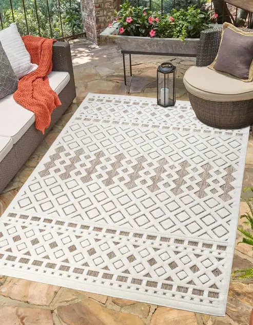 Geometric Modern Contemporary Outdoor Indoor Area Rug Carpet For Patio, Porch, Dining Area, Balcony, Living Room, Bedroom – Brown – Cream Beige – 1'10" x 2'11"