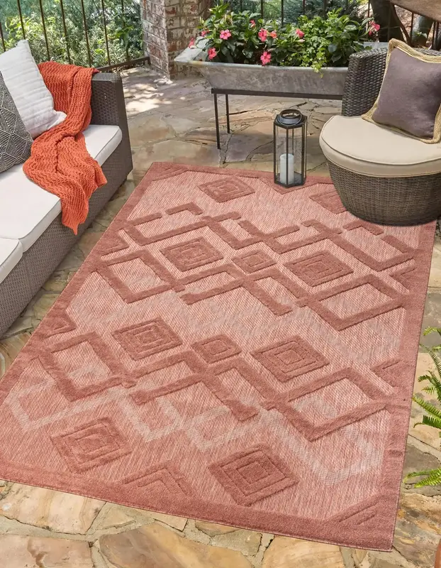 Geometric Modern Contemporary Outdoor Indoor Area Rug Carpet For Patio, Porch, Dining Area, Balcony, Living Room, Bedroom – Salmon Red, Blue, Cream Beige, Grey – 5'3" X 7'3"