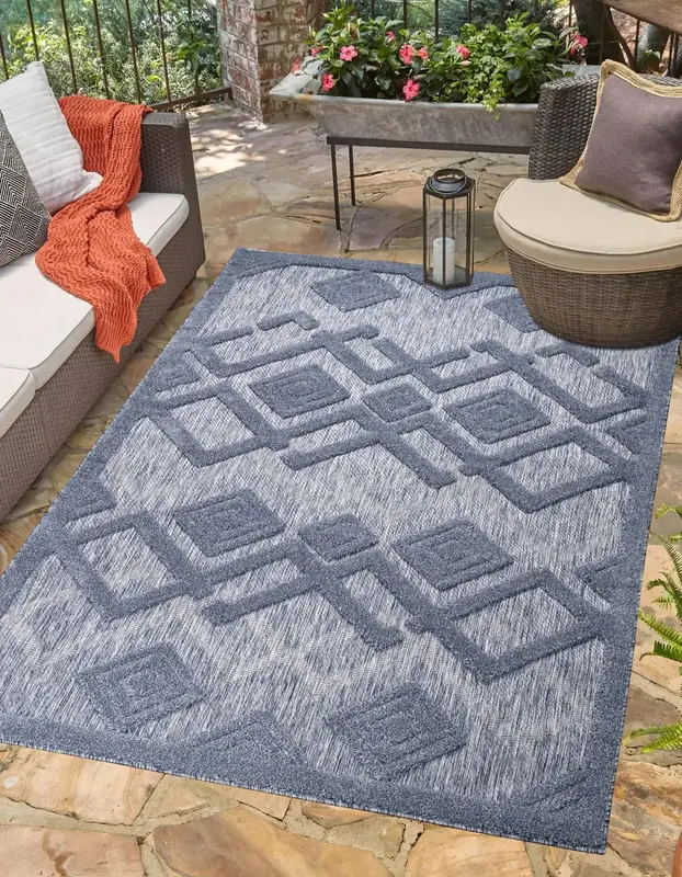 Geometric Modern Contemporary Outdoor Indoor Area Rug Carpet For Patio, Porch, Dining Area, Balcony, Living Room, Bedroom – Salmon Red, Blue, Cream Beige, Grey – 1'10" x 2'11"
