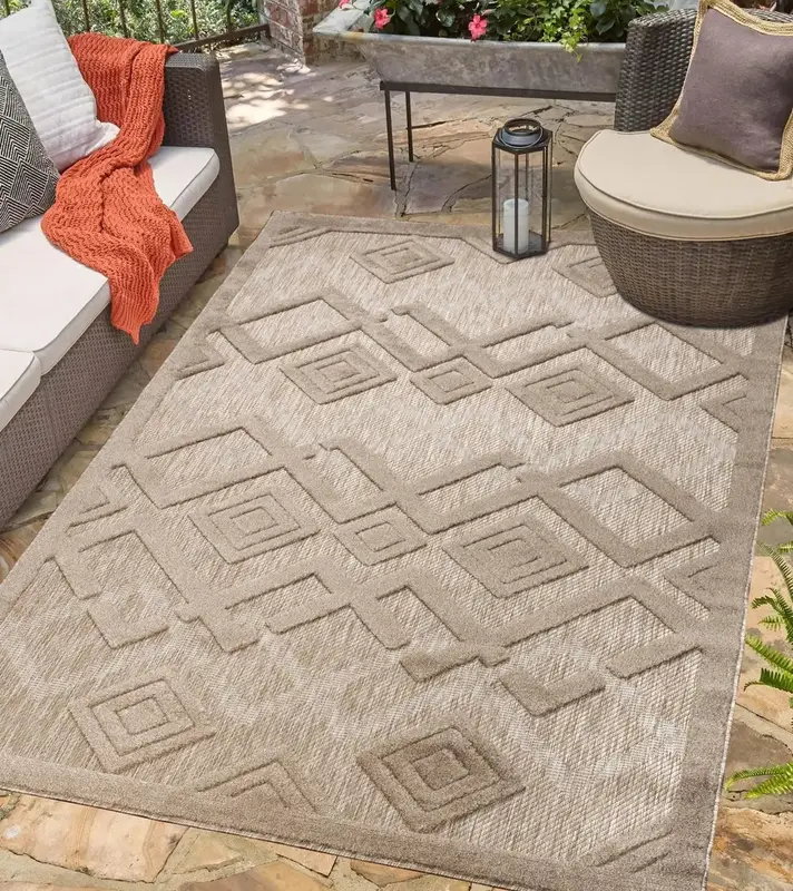 Geometric Modern Contemporary Outdoor Indoor Area Rug Carpet For Patio, Porch, Dining Area, Balcony, Living Room, Bedroom – Salmon Red, Blue, Cream Beige, Grey – 5'3" X 7'3"