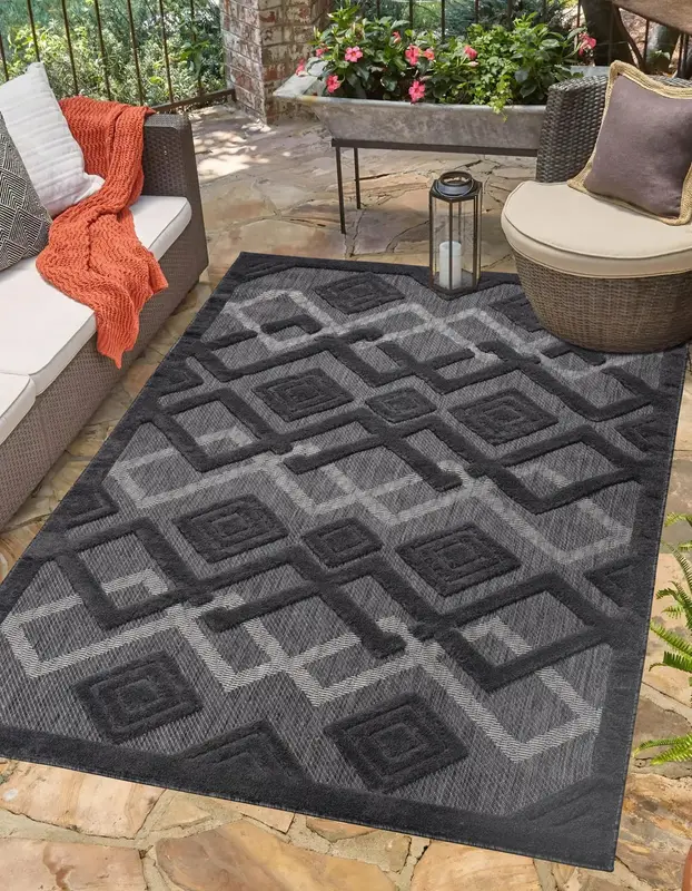 Geometric Modern Contemporary Outdoor Indoor Area Rug Carpet For Patio, Porch, Dining Area, Balcony, Living Room, Bedroom – Salmon Red, Blue, Cream Beige, Grey – 1'10" x 2'11"