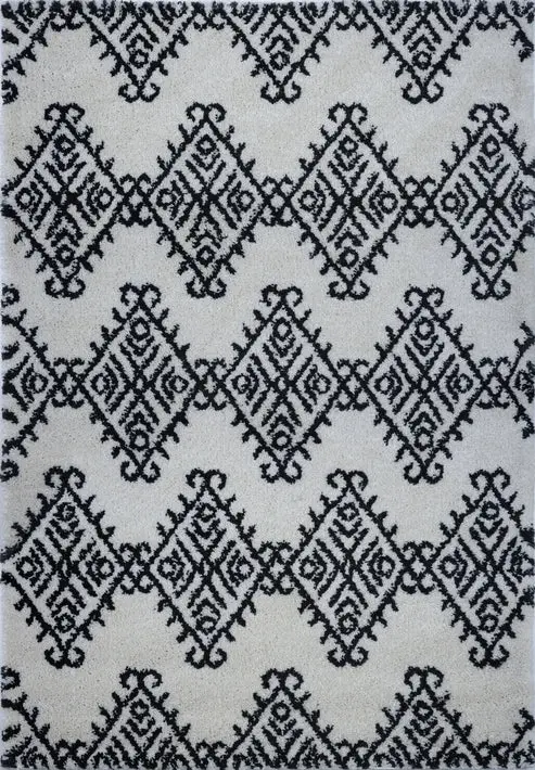 Oriental Motif Ivory Dark Grey Shaggy Area Rug – 5'2" x 7'5"
