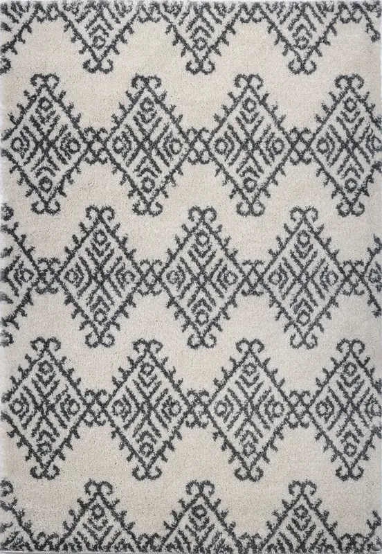 Oriental Motif Ivory Dark Grey Shaggy Area Rug – 7'10" x 10'5"