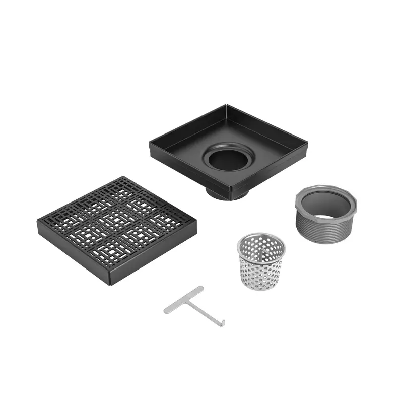 Oatey Shower Drain Kit QuickDrain SquareDrain Stainless Steel with Square Deco Cover Matte Black 4-3/4"