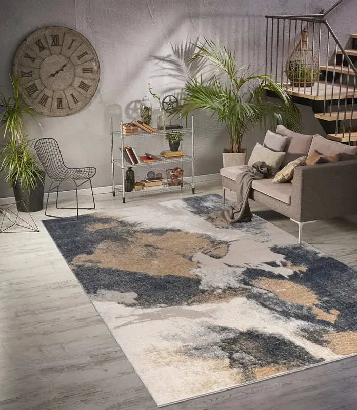 Beige Brown Silver Metalic Abstract Modern Minimalistic Contemporary Area Rug – 2'7" x 9'10"