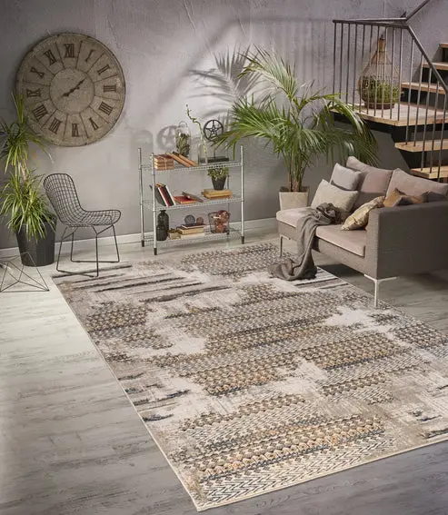 Beige Brown Grey Metalic Abstract Rustic Modern Contemporary Area Rug – 2'7" x 9'10"