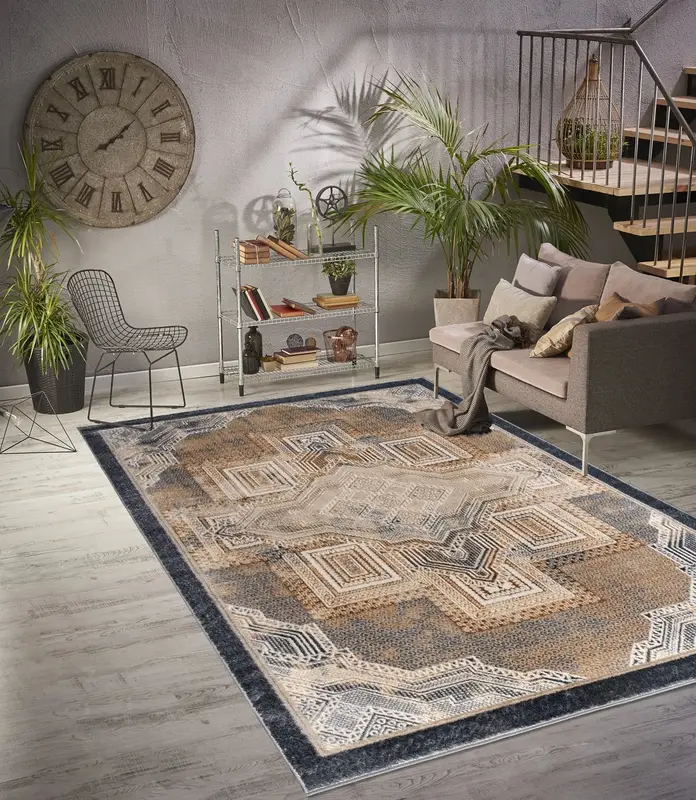 Beige Brown Silver Grey Metalic Traditional Geometric Contemporary Area Rug – 2'7" x 9'10"