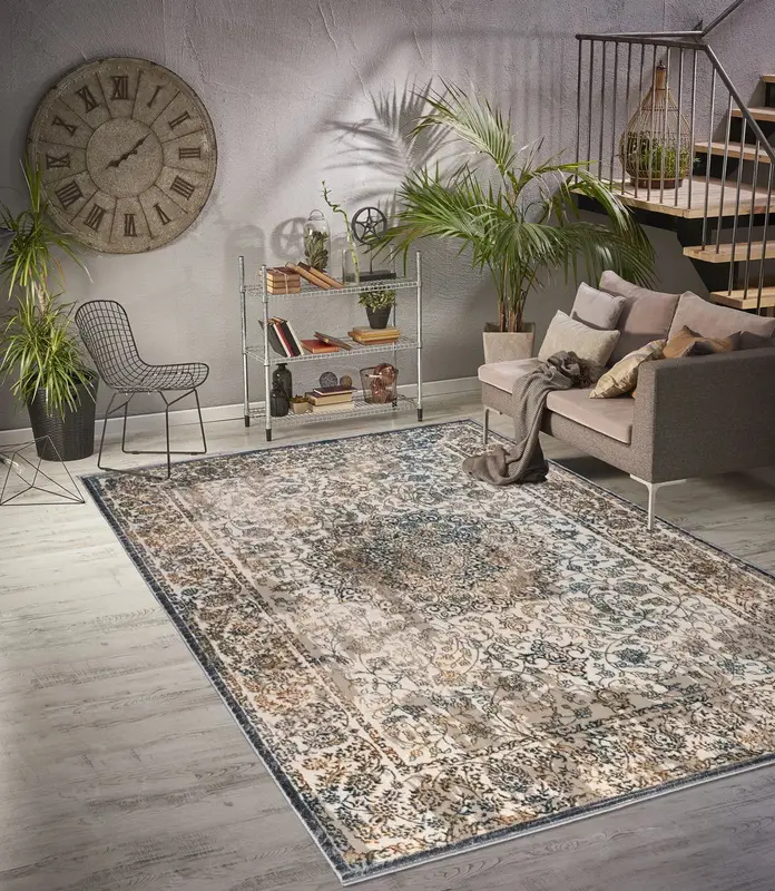 Beige Brown Blue Metalic Traditional Persian Oriental Contemporary Area Rug – 6'7" X 9'2"