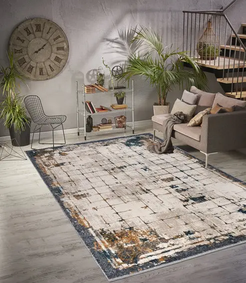 Beige Brown Silver Blue Metalic Abstract Modern Contemporary Minimalistic Bordered Area Rug – 6'7" X 9'2"