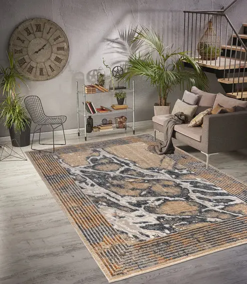 Beige Brown Grey Metalic Abstract Modern Contemporary Marble Pattern Bordered Area Rug – 2'7" x 4'11"