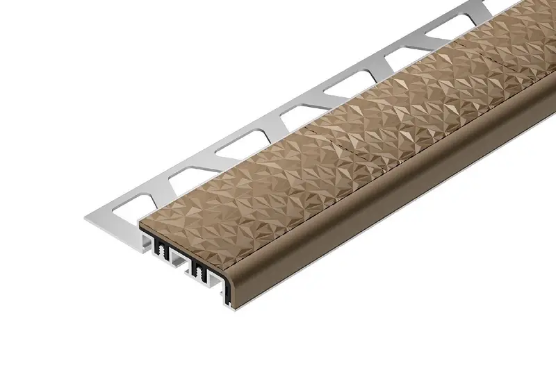 Schluter TREP-V 42 Stair Nose Profile Anodized Aluminum with PVC Slip-Resistant Insert Light Beige 7/16" (11 mm) x 1-21/32" x 3' 3"