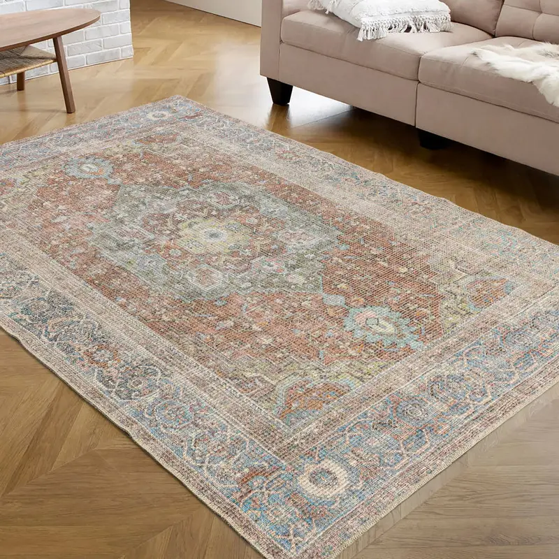 Blue Brown Boho Cotton and Polyster Machine Washable Traditional Rustic Area Rug – 2'6" X 4'11"