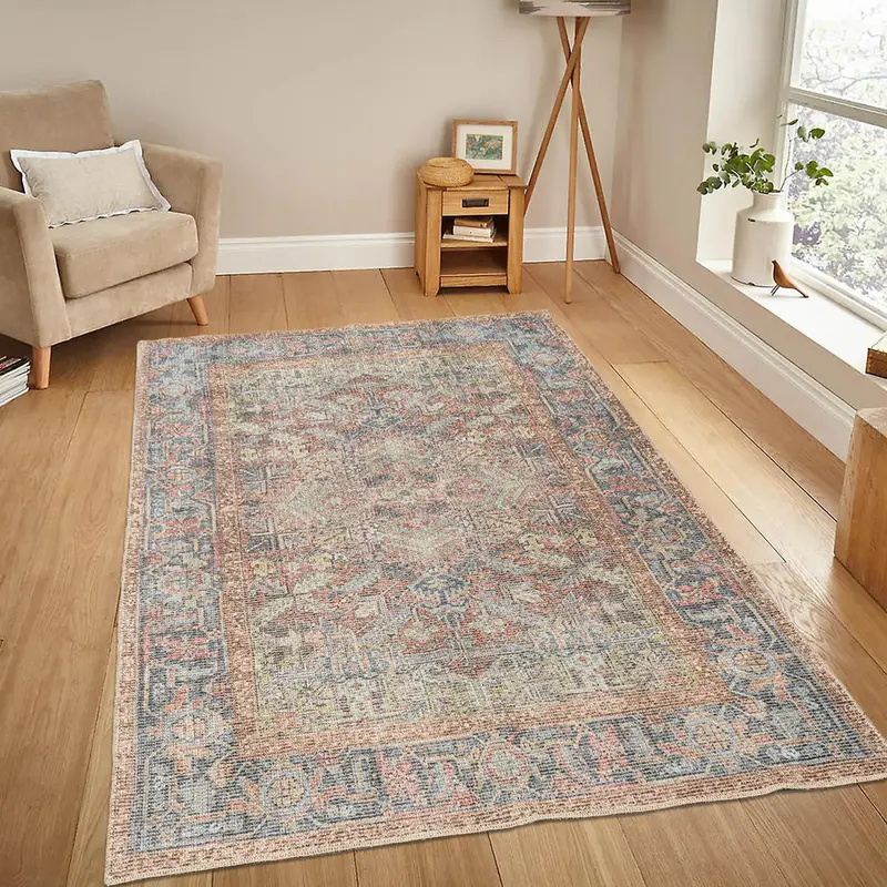 Blue Dark Red Boho Cotton and Polyster Machine Washable Traditional Rustic Area Rug – 5' X 7'6"