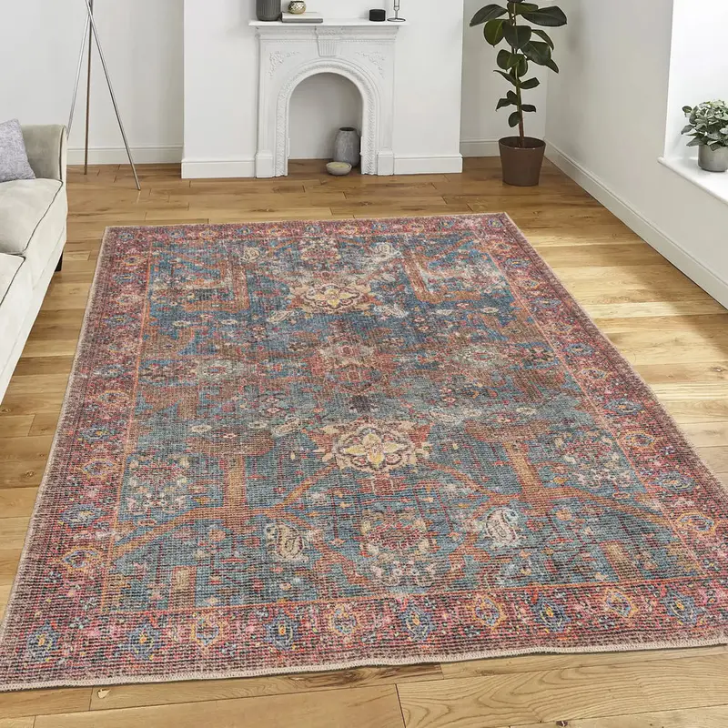 Blue Dark Red Boho Cotton and Polyster Machine Washable Traditional Rustic Area Rug – 5' X 7'6"